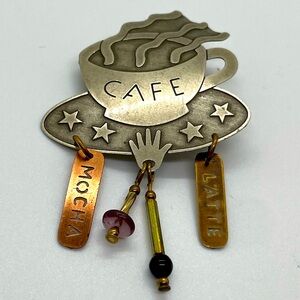 Silver embossed ‘Cafe’ coffee mug Brooch w/ hanging ‘Latte’ & ‘Mocha’ charms